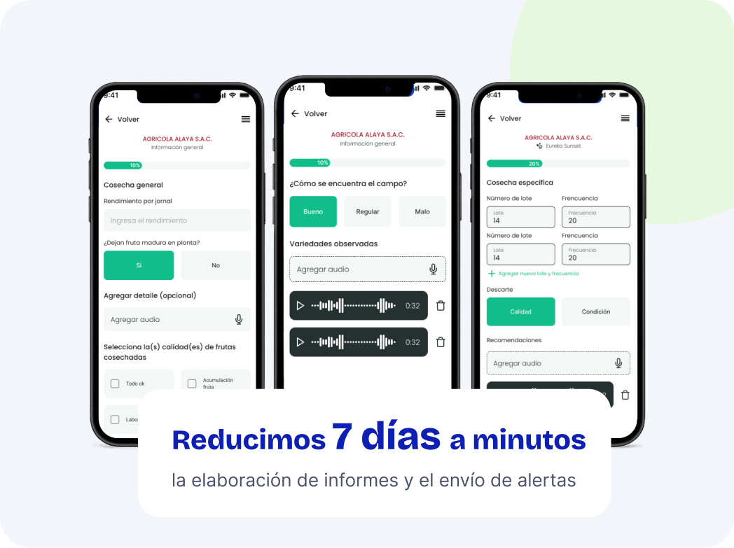 App de monitoreo agrícola de Family Farms Perú: inspecciones en campo, registro de calidad y alertas. Resultado: reducimos 7 días a minutos en elaboración de informes.