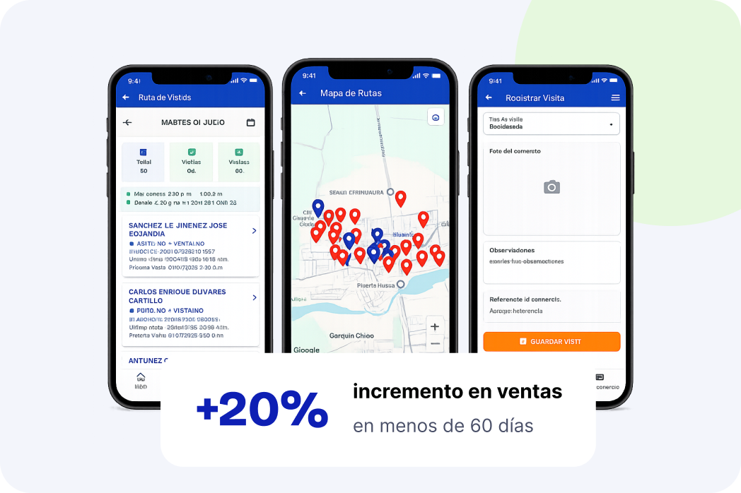 App FFVV de Urbano Distribuciones: rutas de visita, mapa de clientes y registro de visita. Resultado: +20% incremento en ventas en menos de 60 días.